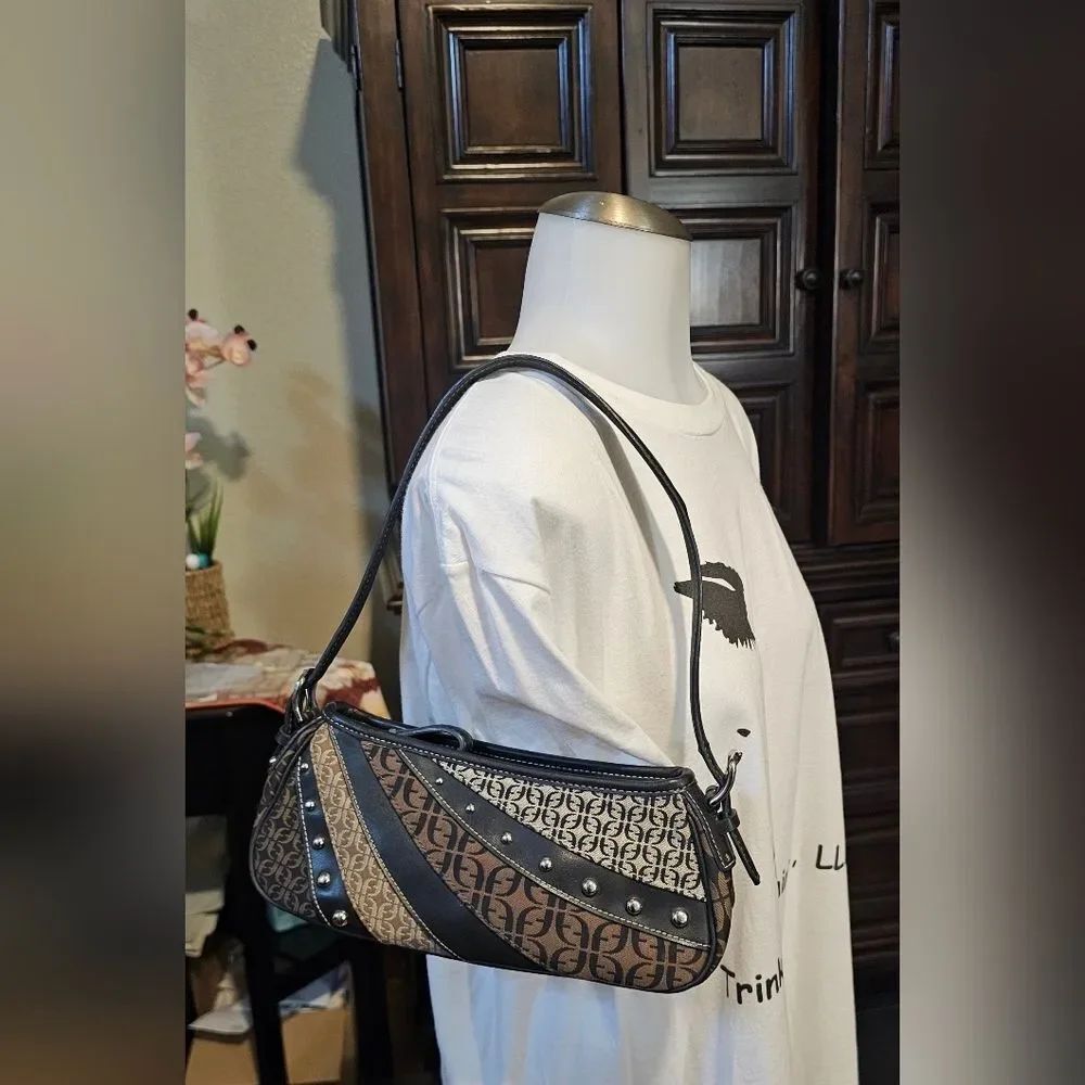 Fossil Black and Brown Patterned Shoulder Bag with Stud Accents